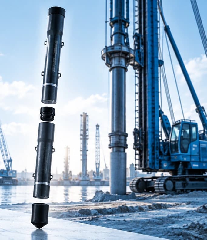 Sonic logging tube sections beside a piling rig on a foundation site, illustrative image